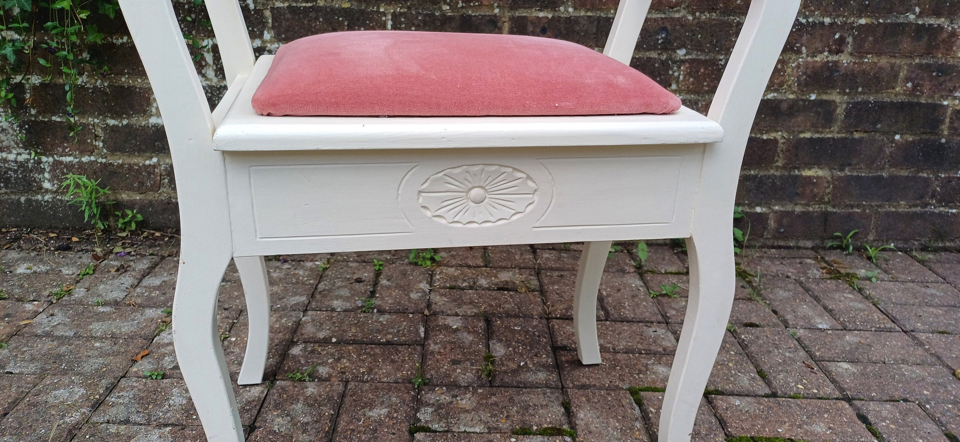 Vintage Painted White and Pink Upholstered Piano or Dressing Table Stool