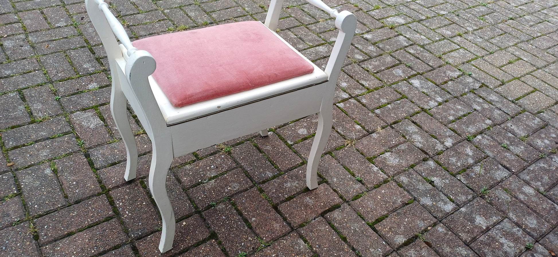Vintage Painted White and Pink Upholstered Piano or Dressing Table Stool