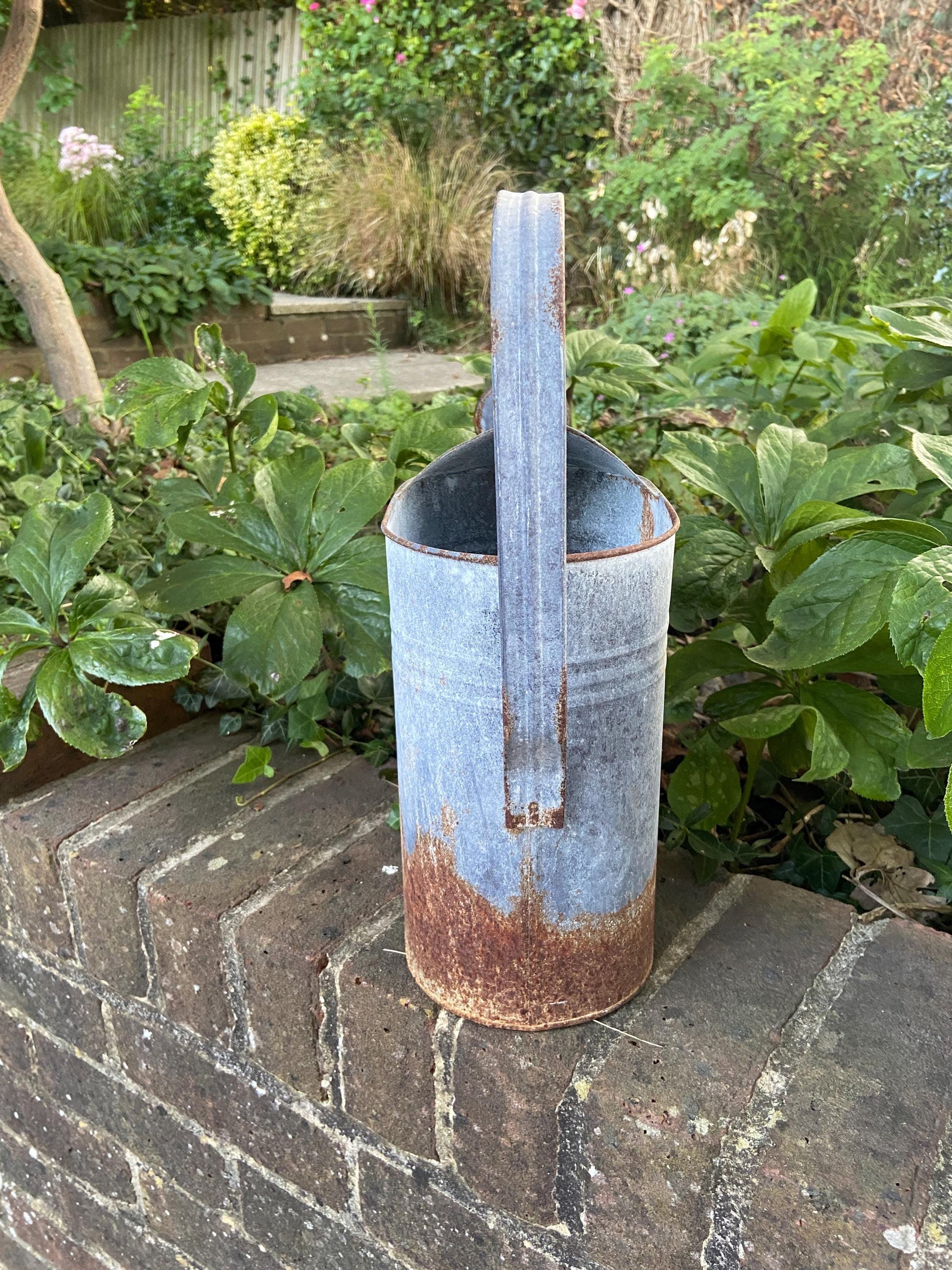 Vintage early 1900s metal watering can with spout and rain shower head