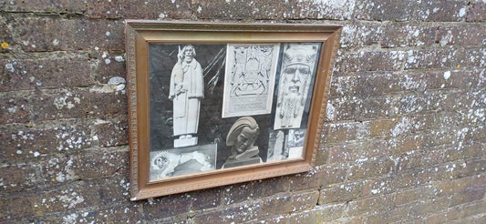 stonemasonry photos, vintage black and white photo selection, in a glazed gilt vintage frame. Original artist is J H Brown. Photos of various statues which presumably J H Brown sculpted