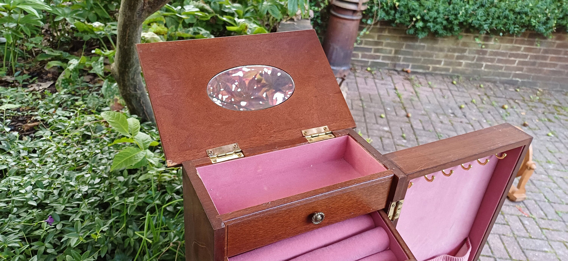 Vintage 70s Jewellery Storage Box Vanity Cupboard Walnut Effect with Mirror.