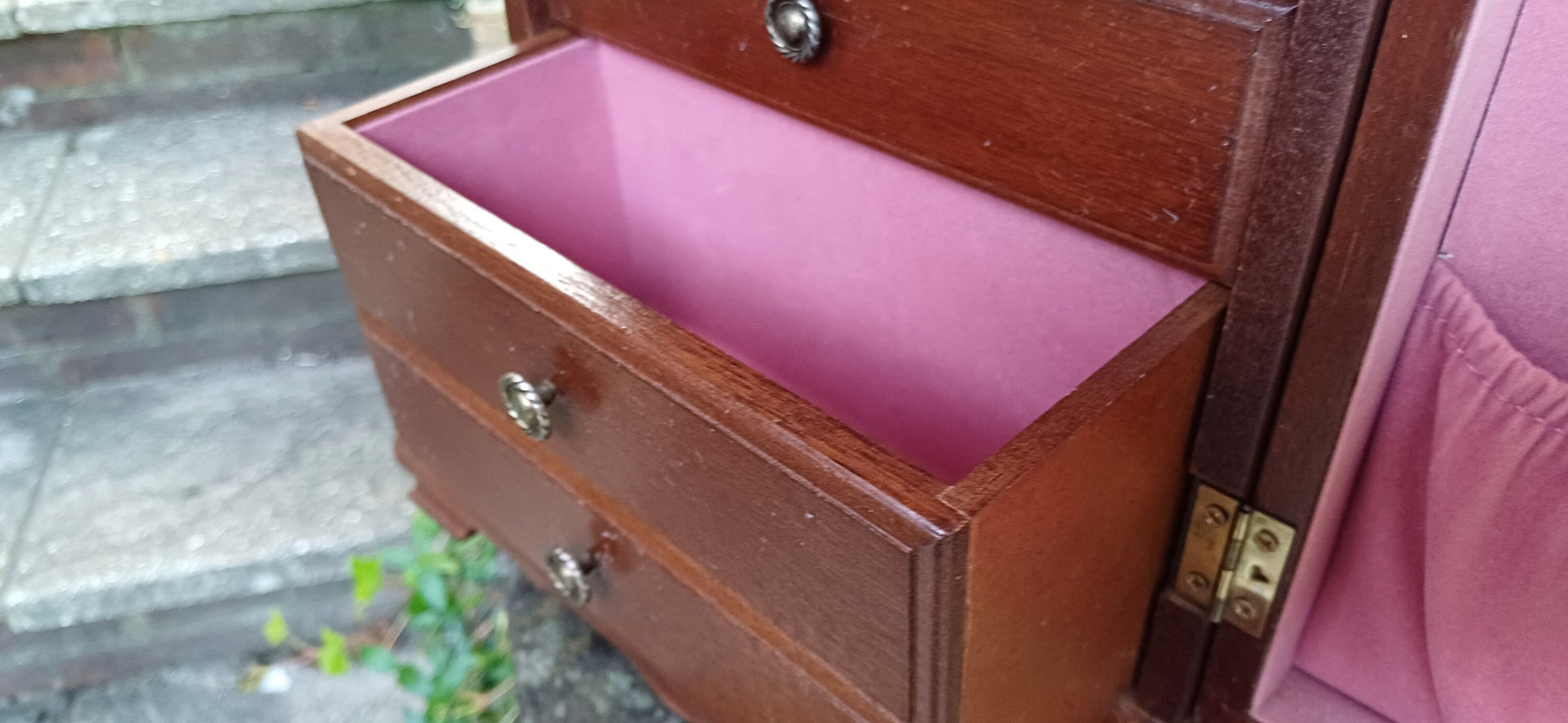 Vintage 70s Jewellery Storage Box Vanity Cupboard Walnut Effect with Mirror.