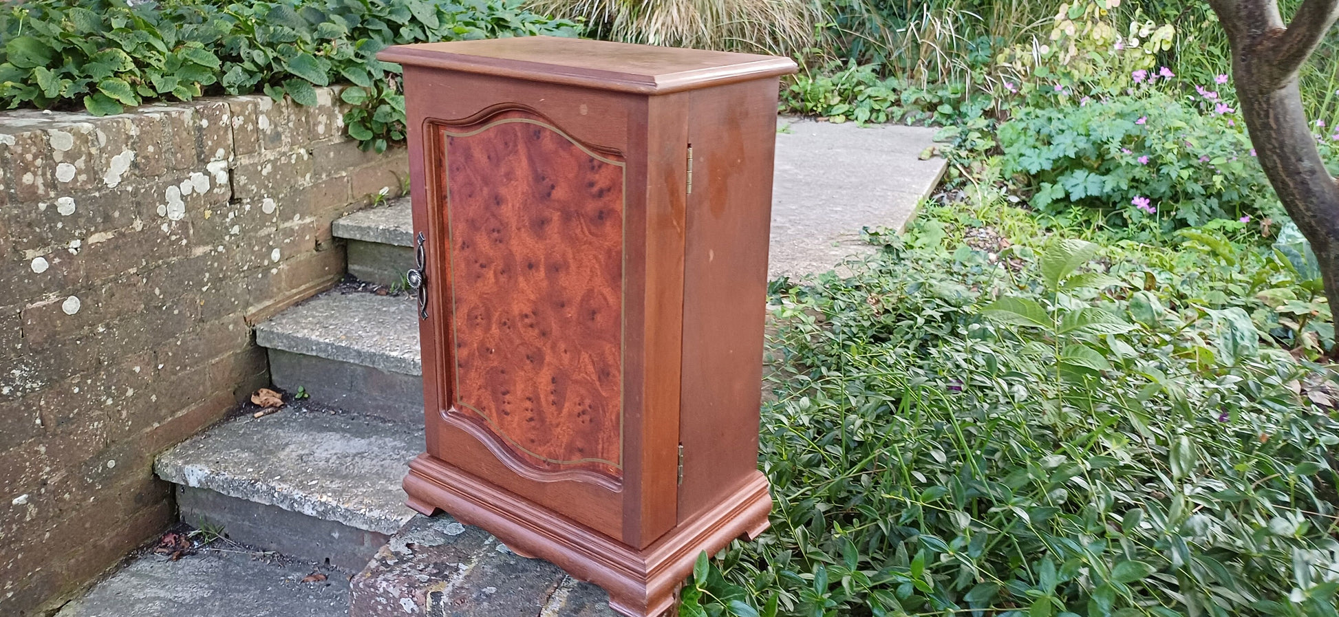 Vintage 70s Jewellery Storage Box Vanity Cupboard Walnut Effect with Mirror.