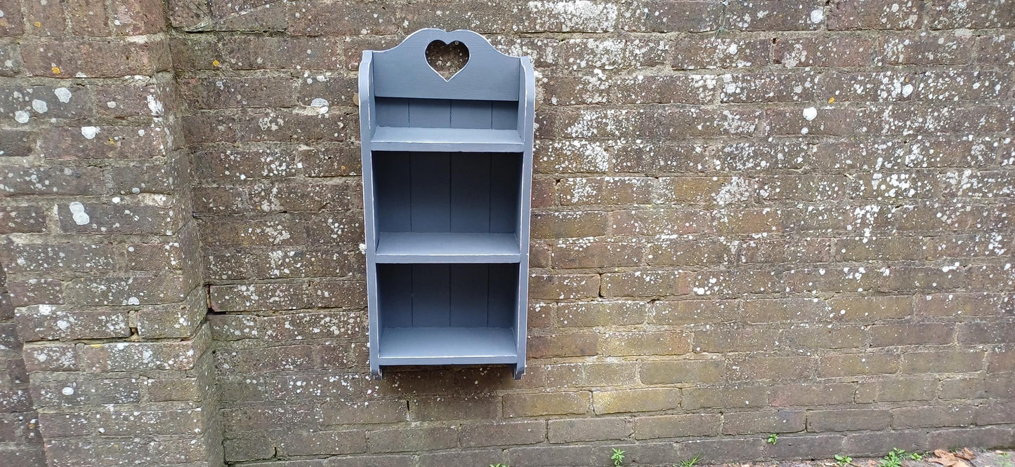 Vintage Style Solid Pine Wall Shelf with Heart Motif Shabby Chic Grey Chalk
