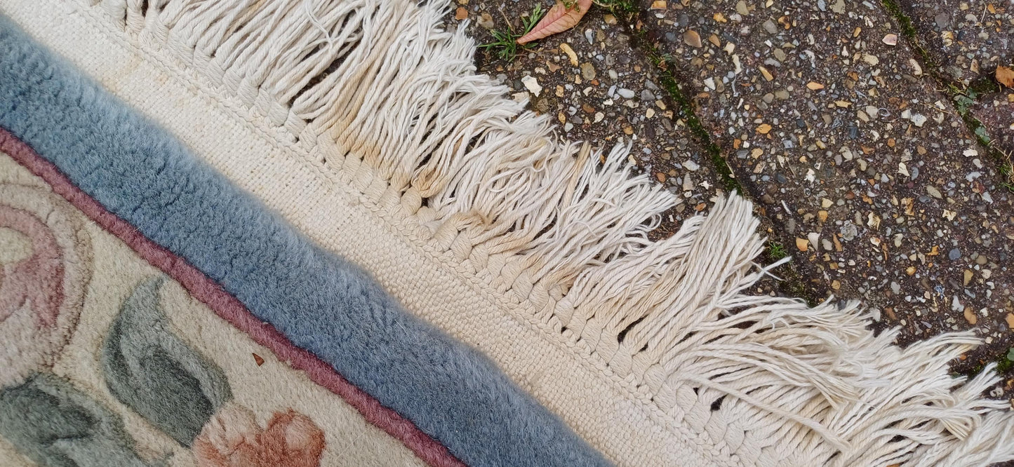 Classic 70s or 80s Decorative Patterned Rug Vintage Wool Woollen Rug Blue.