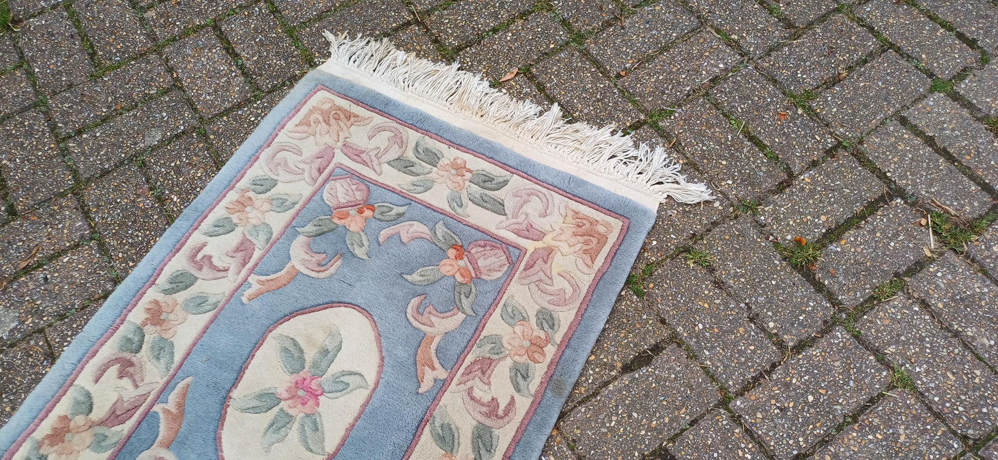 Classic 70s or 80s Decorative Patterned Rug Vintage Wool Woollen Rug Blue.