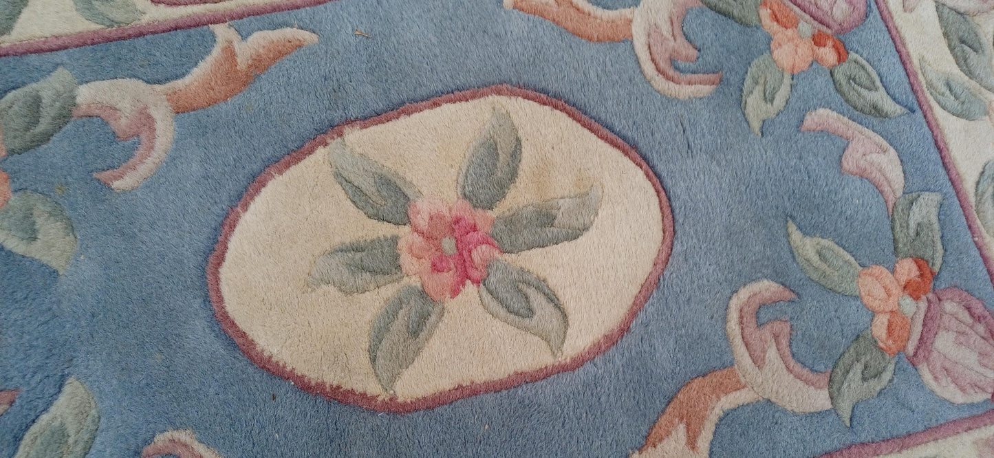 Classic 70s or 80s Decorative Patterned Rug Vintage Wool Woollen Rug Blue.