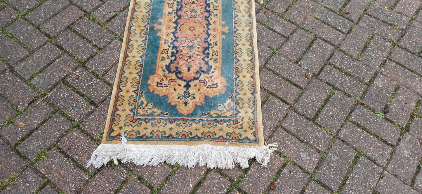 Classic 70s or 80s Decorative Patterned Rug Vintage Wool Woollen Rug Beige Dark Cream 133 x 60 cm