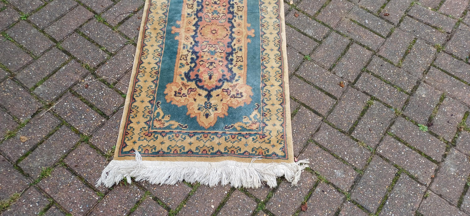 Classic 70s or 80s Decorative Patterned Rug Vintage Wool Woollen Rug Beige Dark Cream 133 x 60 cm