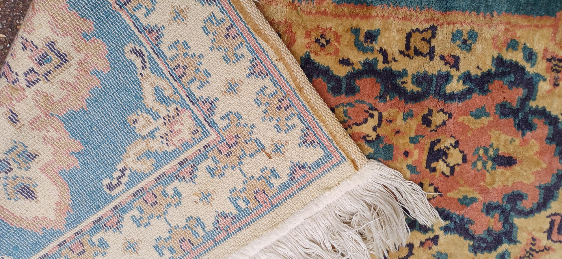 Classic 70s or 80s Decorative Patterned Rug Vintage Wool Woollen Rug Beige Dark Cream 133 x 60 cm