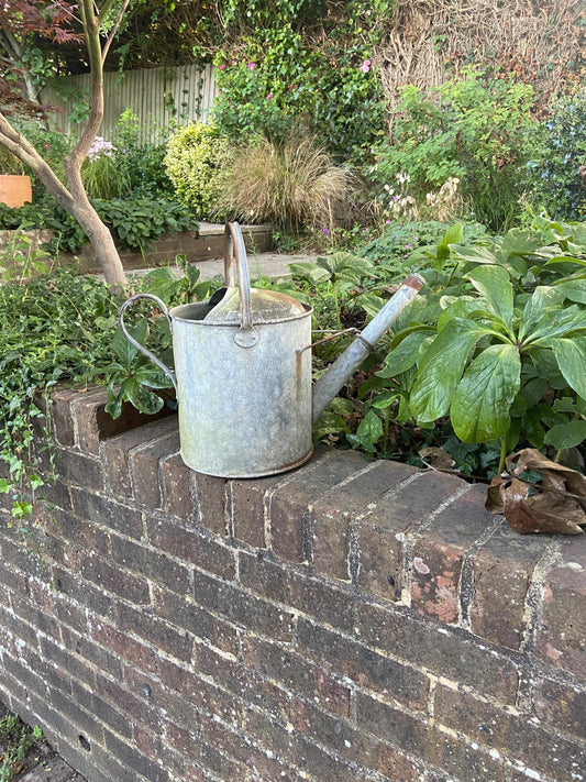 super matt metal vintage watering can. two gallons. solid. good condition