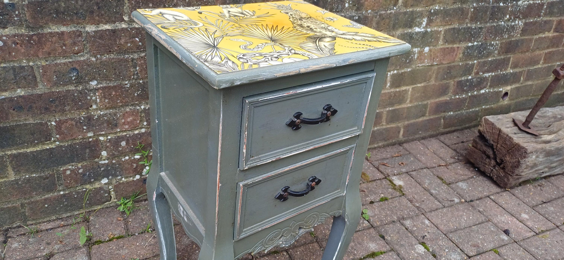 Quirky Painted Shabby Chic Bedside Cupboard with Jungle Wildlife Snake Tiger Monkey Decoupage