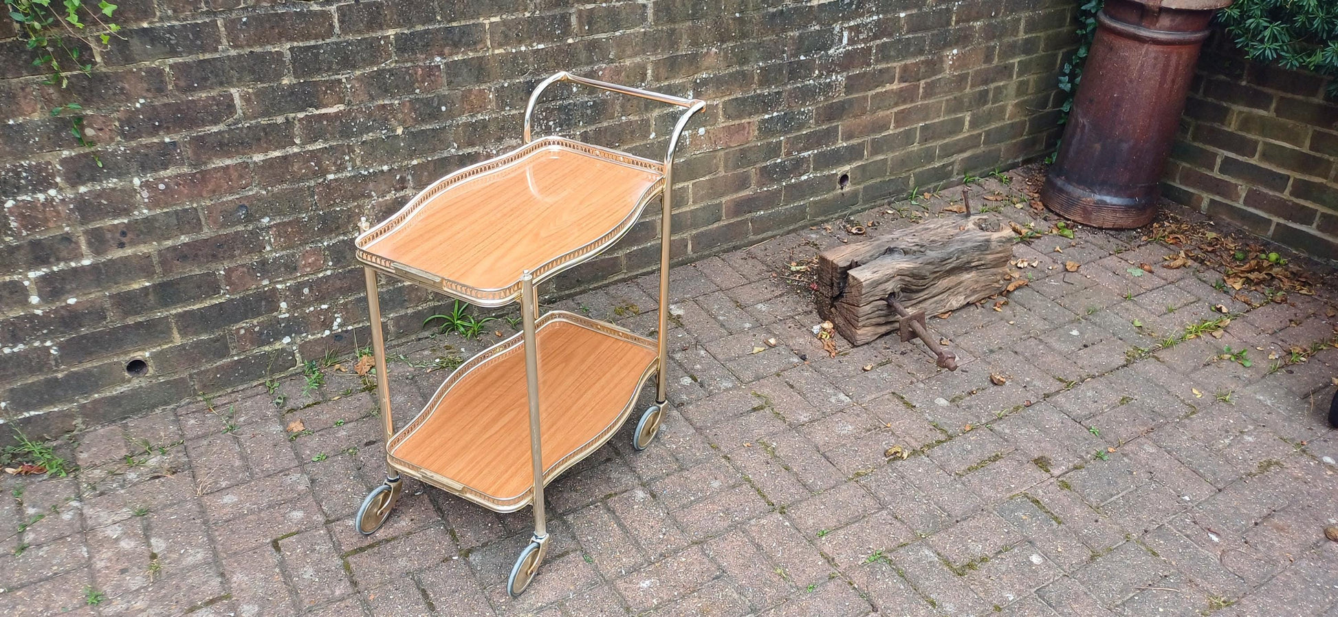 Retro Kitsch 70S Light Tubular Metal Trolley Melamine Faux Wood Surfaces VGC ‘Woodmet’