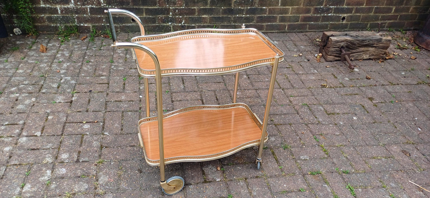Retro Kitsch 70S Light Tubular Metal Trolley Melamine Faux Wood Surfaces VGC ‘Woodmet’