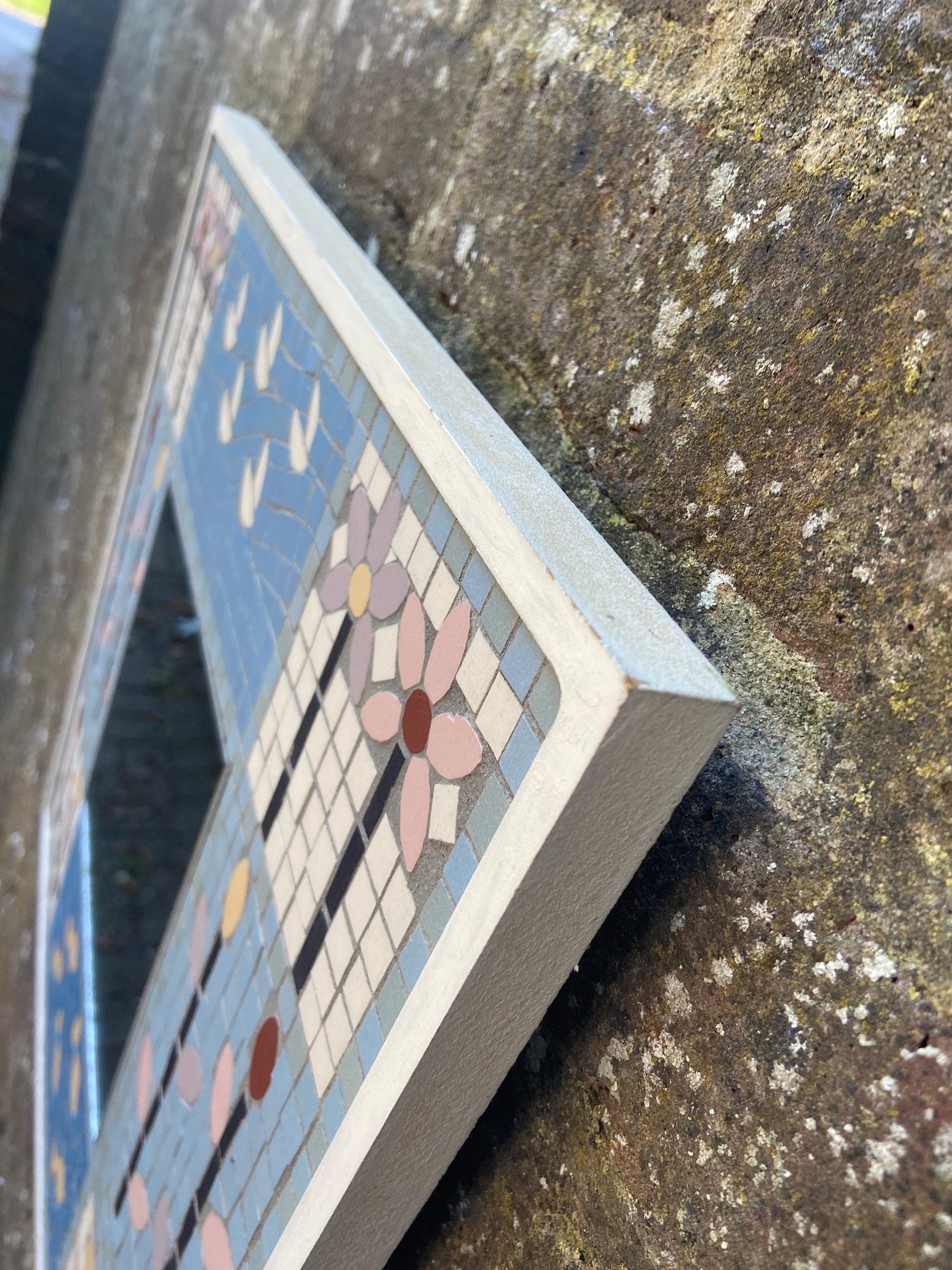 Wonderful vintage mosaic mirror - handmade in Britain - beautiful blues, animals and flowers - art deco like