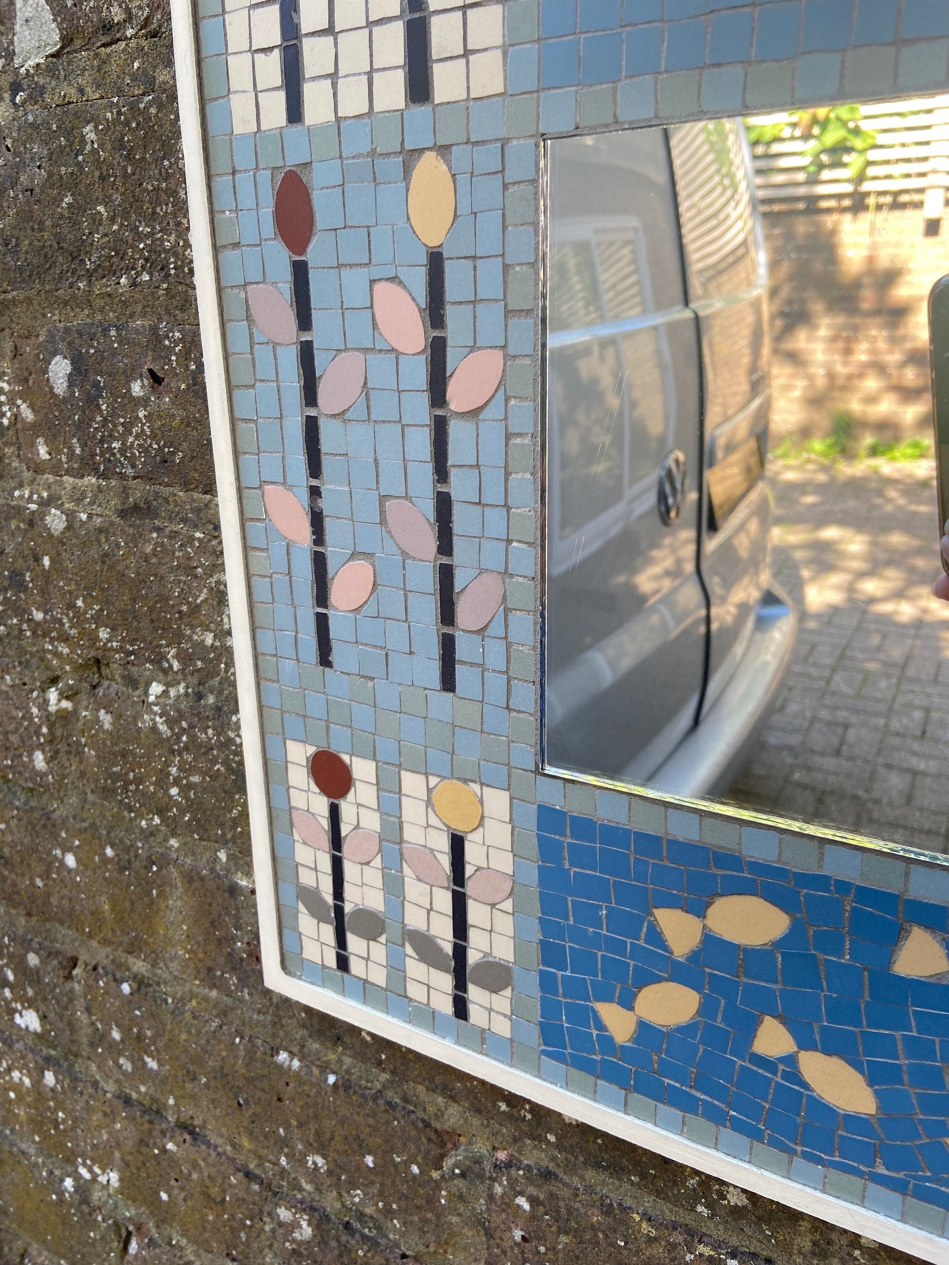 Wonderful vintage mosaic mirror - handmade in Britain - beautiful blues, animals and flowers - art deco like