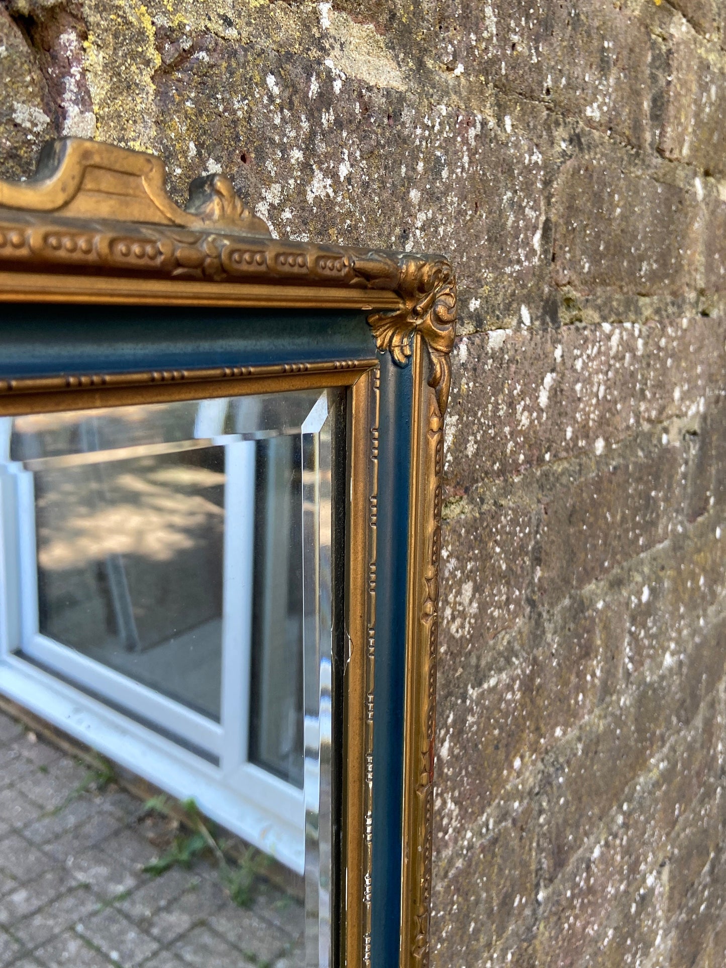 Early 1900s vintage wall mirror - gold gesso and green detailed frame, delightful, excellent quality bevelled glass in wall mirror