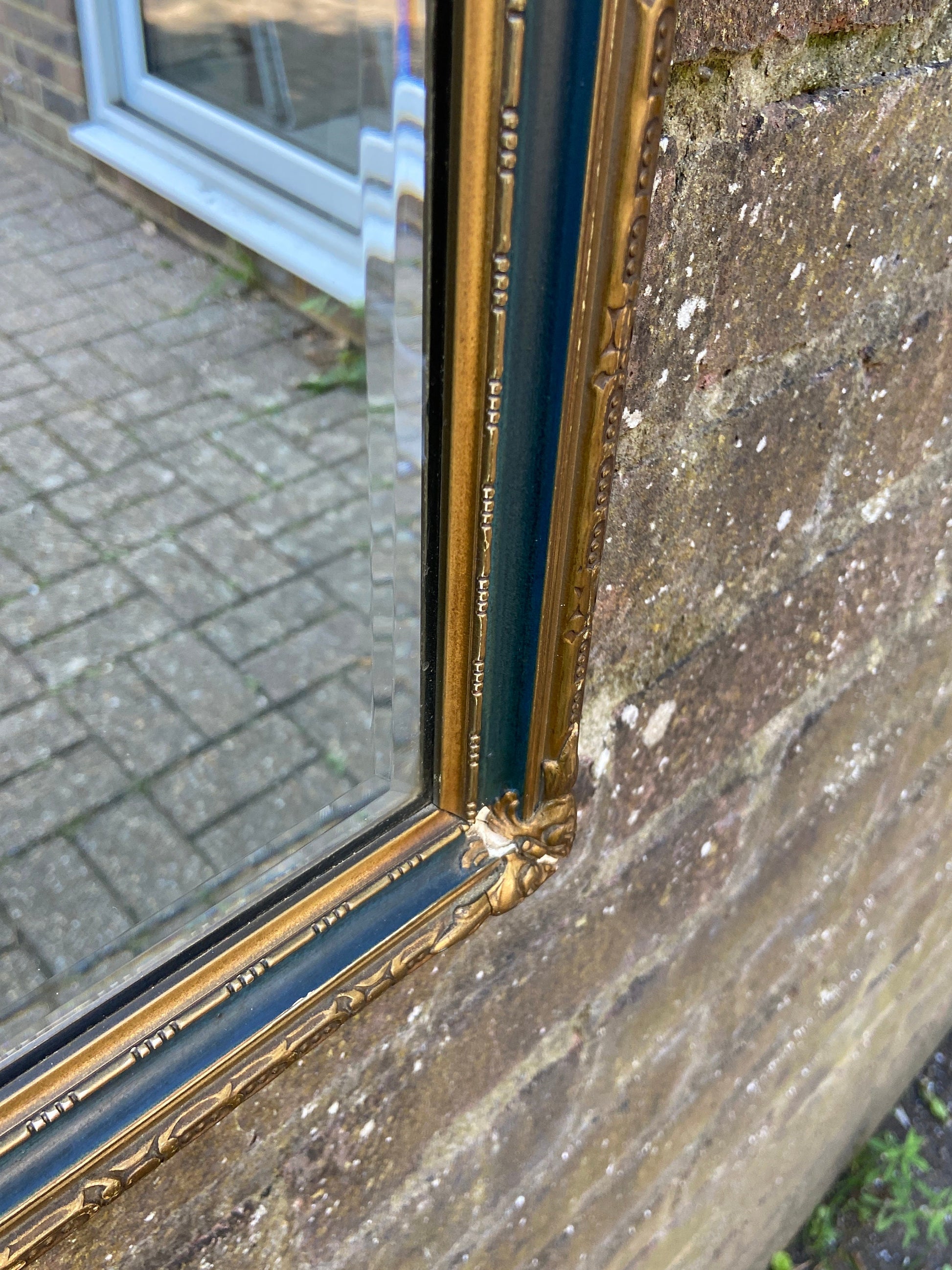 Early 1900s vintage wall mirror - gold gesso and green detailed frame, delightful, excellent quality bevelled glass in wall mirror