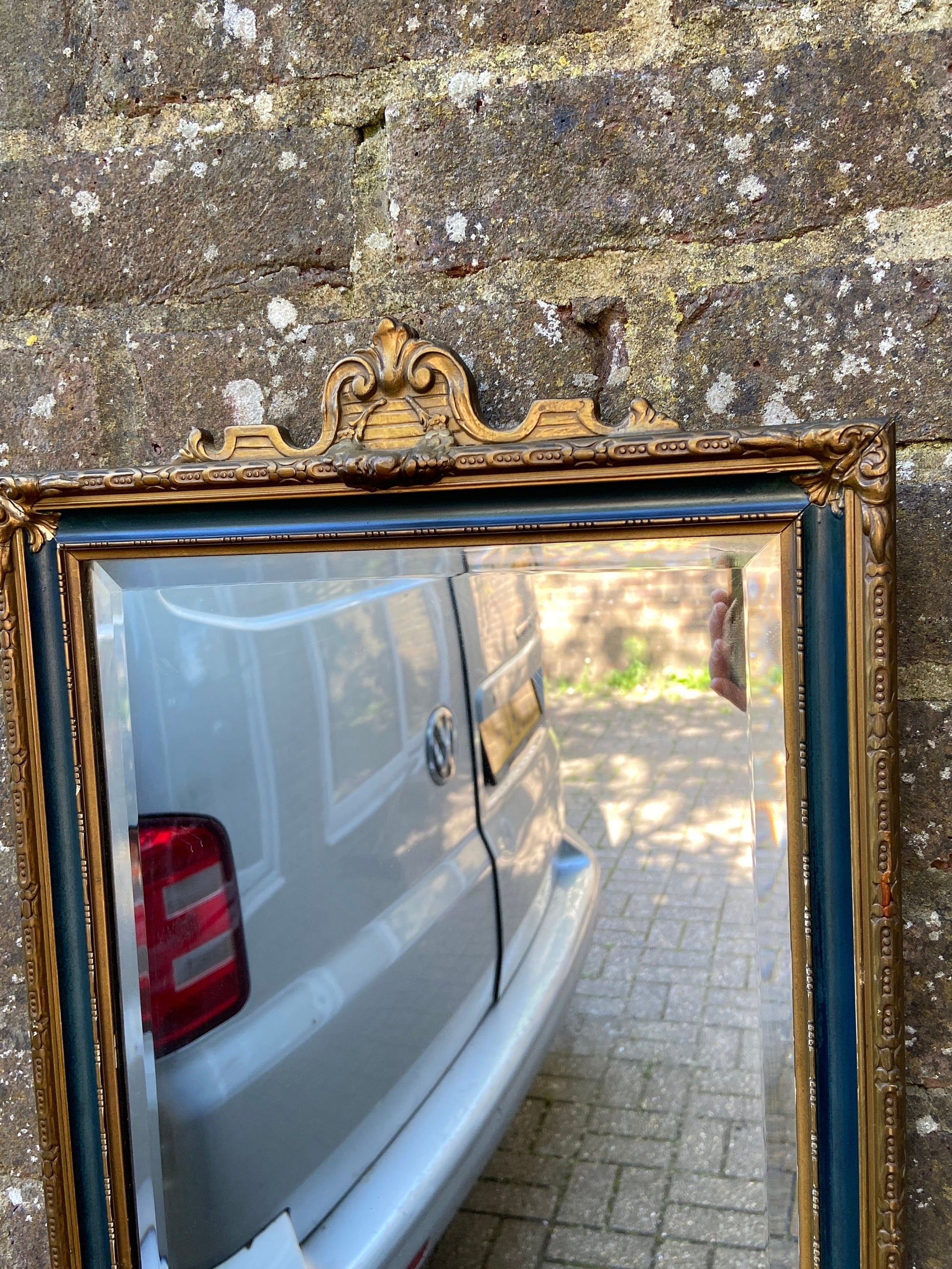 Early 1900s vintage wall mirror - gold gesso and green detailed frame, delightful, excellent quality bevelled glass in wall mirror