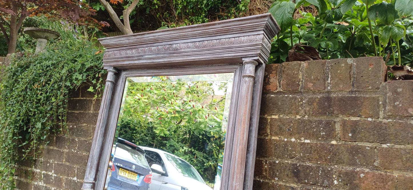Beautifully Upcycled Massive French Carved Over Mantel Mantle Mirror Light Grey Blue