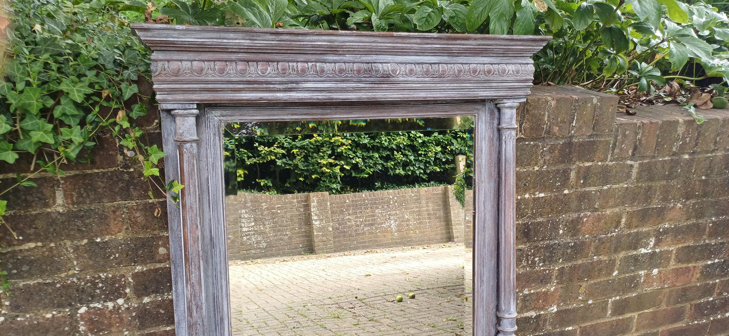 Beautifully Upcycled Massive French Carved Over Mantel Mantle Mirror Light Grey Blue