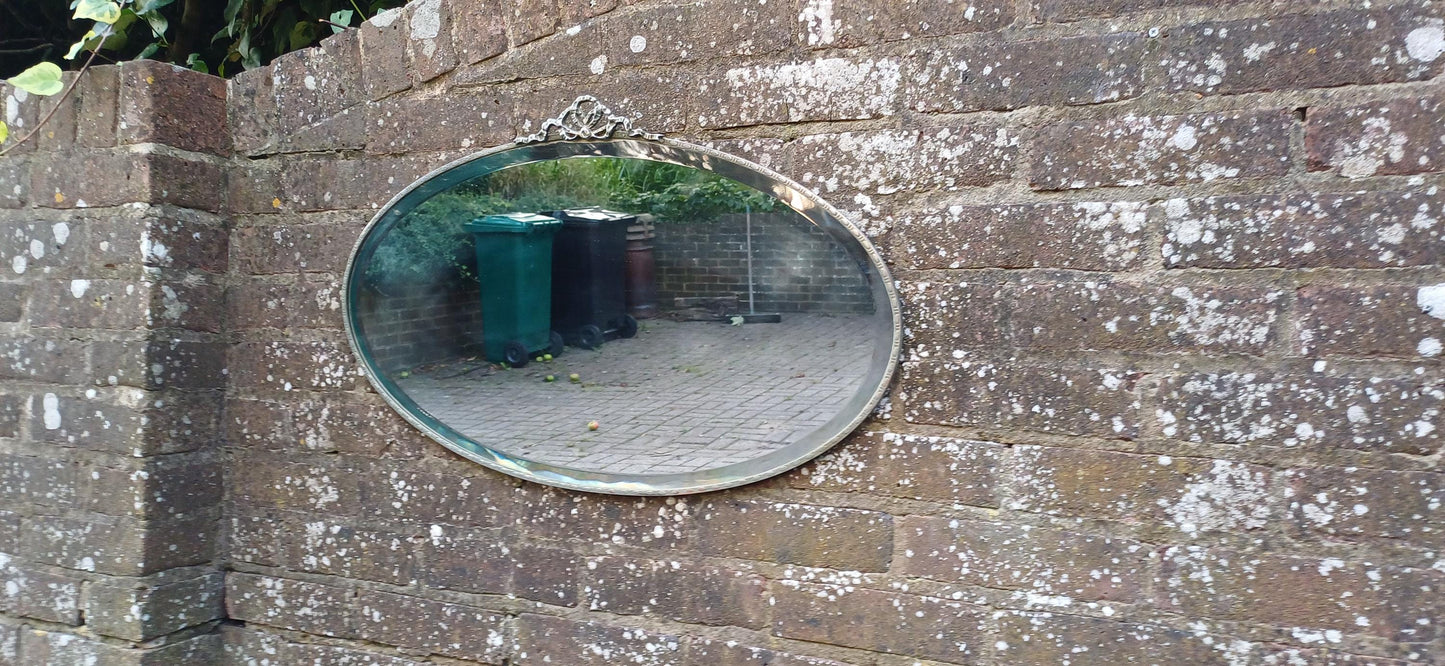 Vintage Retro Oval Mirror Chrome Frame and Motif Art Deco