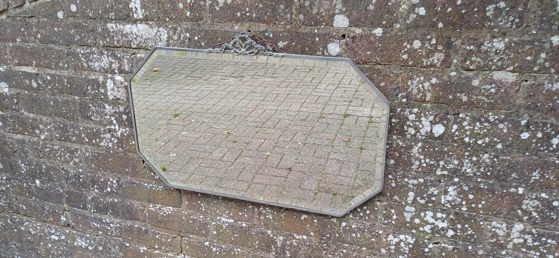 Vintage Hexagonal Oval Mirror Chrome Frame and Motif Art Deco.