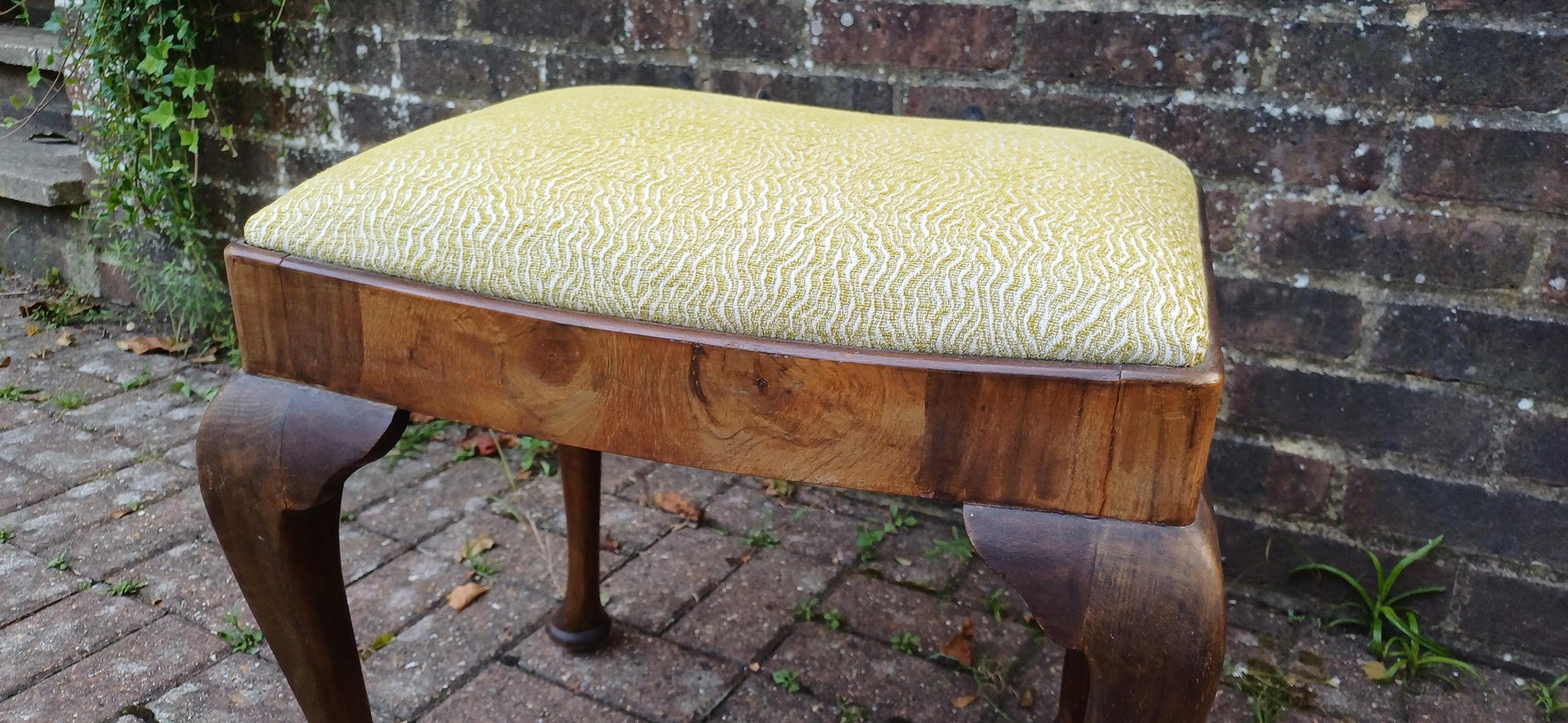 Superb Vintage Mahogany and Walnut Newly Upholstered Stool Cabriole Legs. Piano Dressing Table. Jacquard Weave
