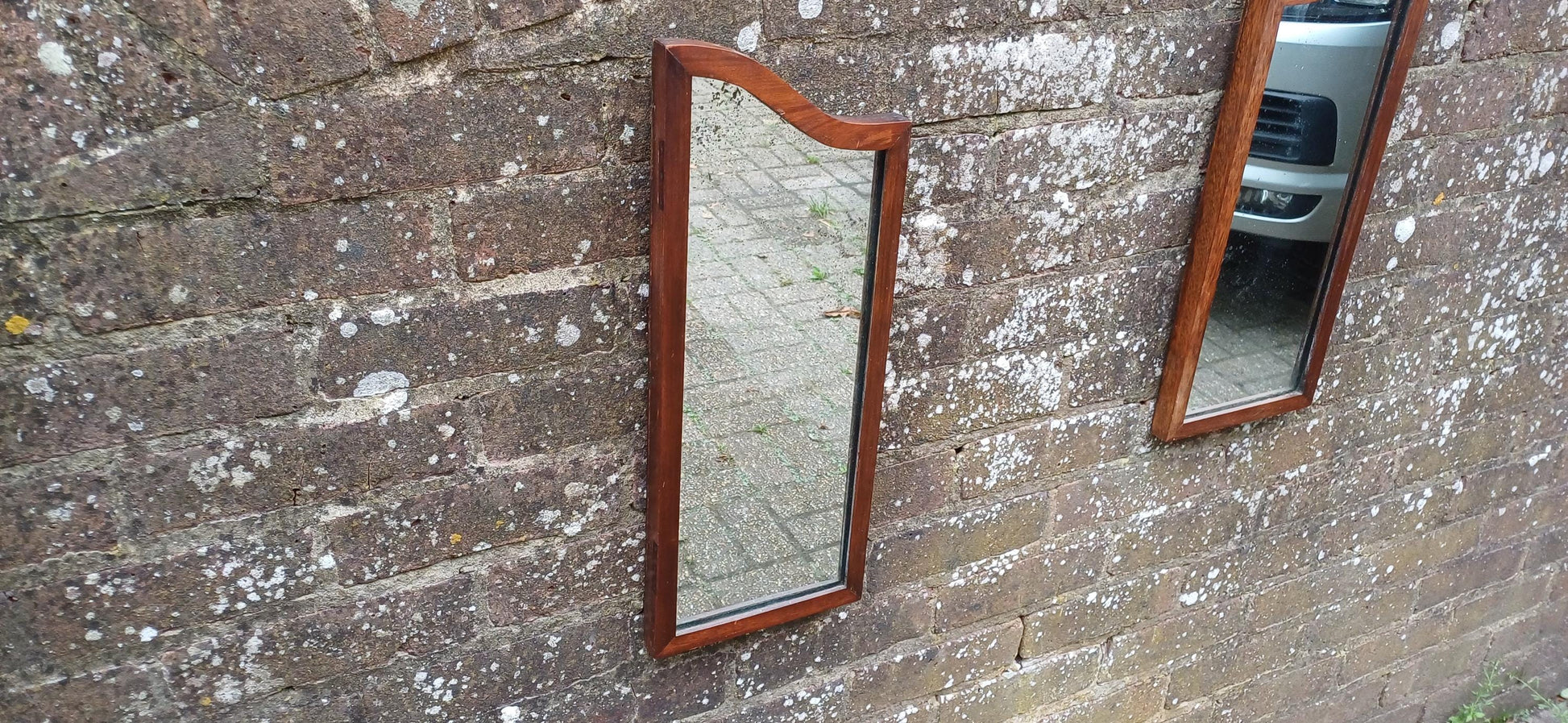 Quirky Pair of Upcycled Early 20th Century Shaped Mahogany Wall Mirrors.