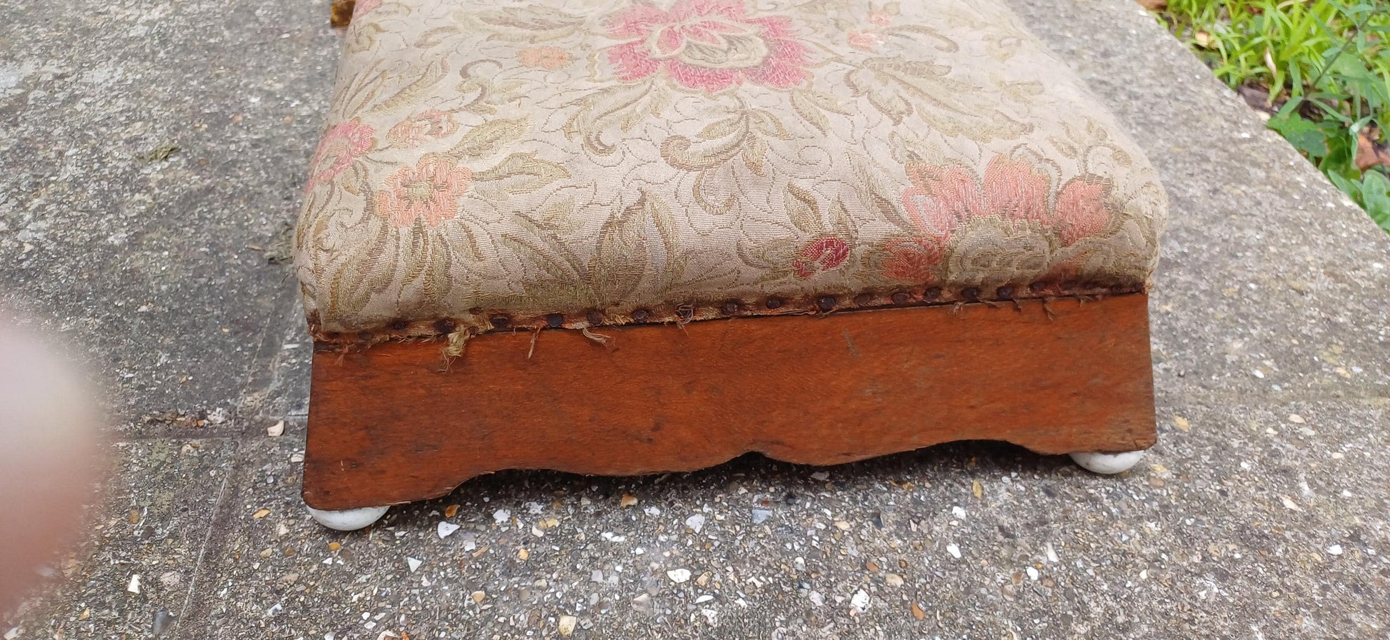 Vintage Victorian Upholstered European Footstool Stool Porcelain Feet Flower Floral Upholstry.