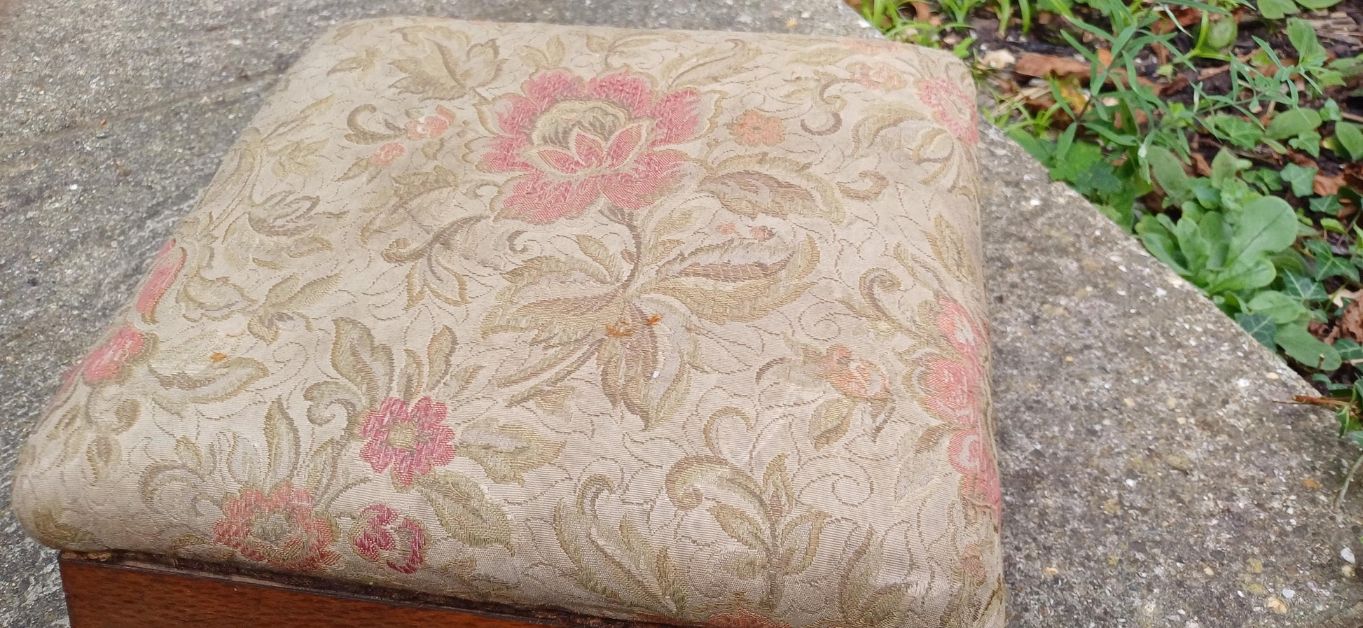 Vintage Victorian Upholstered European Footstool Stool Porcelain Feet Flower Floral Upholstry.