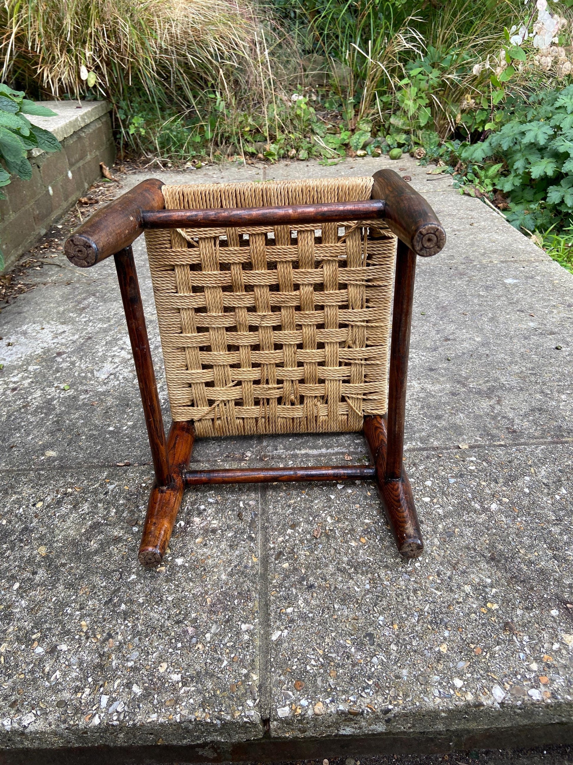 Child's vintage string woven antique wooden stool - dark wood frame with woven string hatched seat - child's stool, foot stool, plant stand