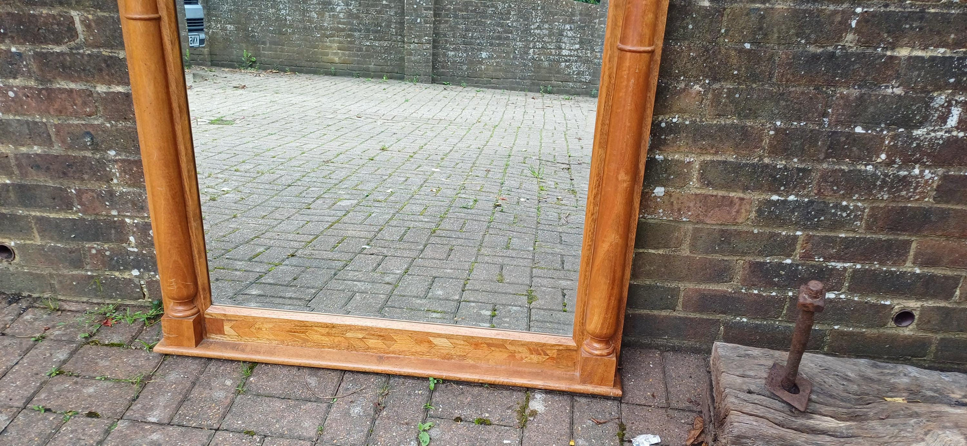 Huge Vintage Chunky French Wood and Brass Over Mantel Mirror Bevelled Glass. 121 x 102 cm