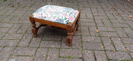 Pretty Vintage Solid Oak Upholstered Stool Floral Flower Upholstery