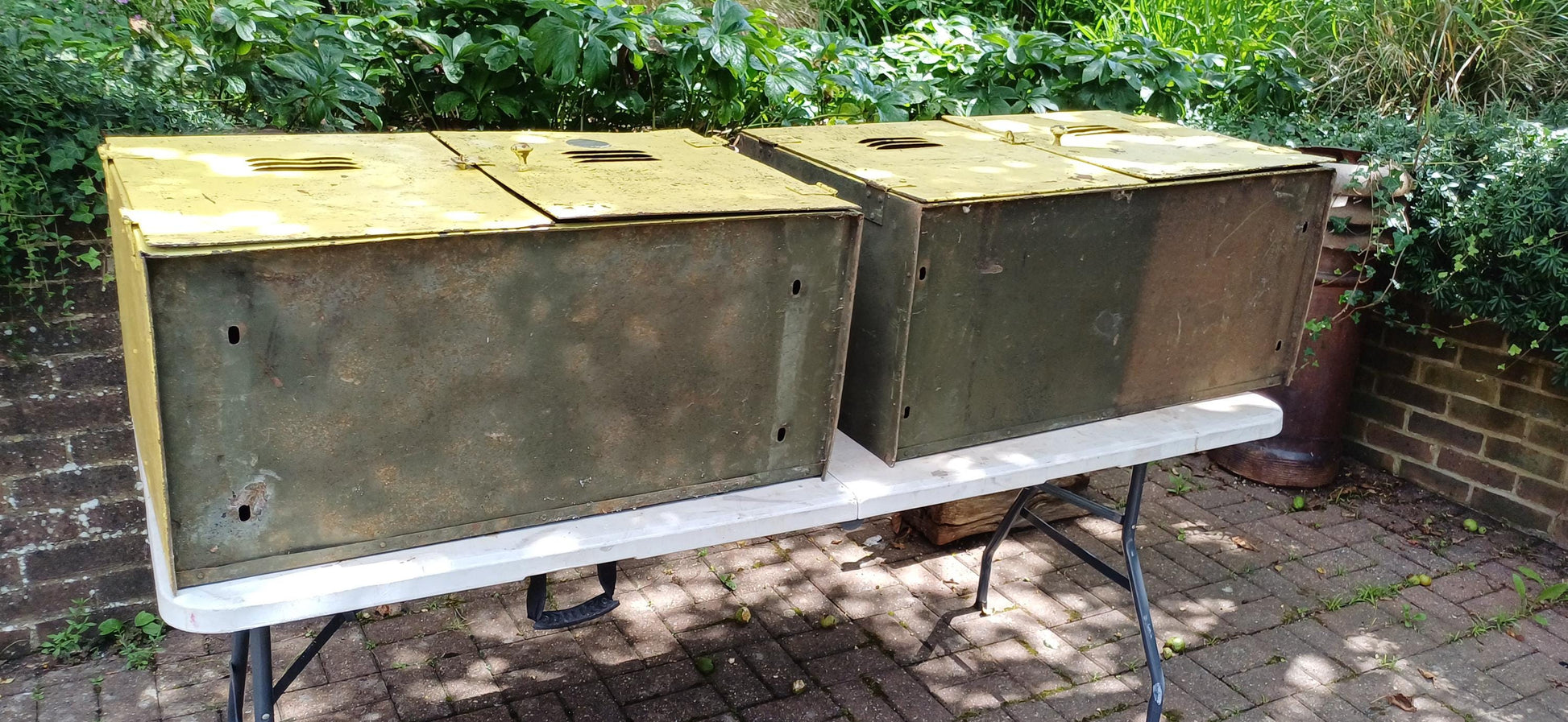 Pair of Industrial Metal Painted Storage Cupboards Project Freestanding or Wall Hanging.