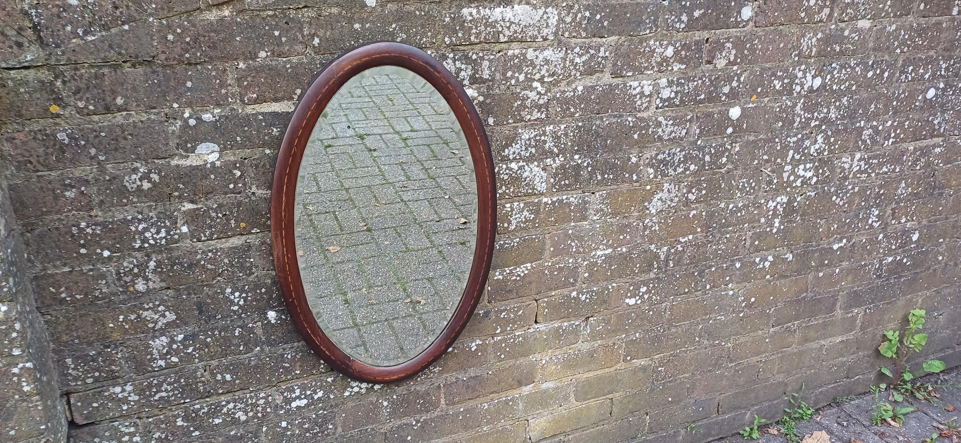 Vintage Inlaid Mahogany Oval Bevelled Mirror. Antique Reflections.