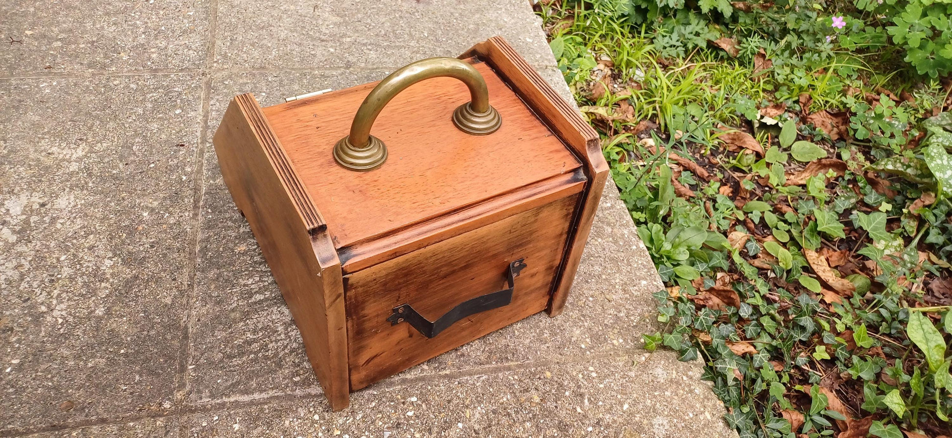 Beautiful Hand Stripped Restored Vintage Edwardian Coal Scuttle Coal Box Wood and Brass Inner Lining. Walnut or Mahogany.