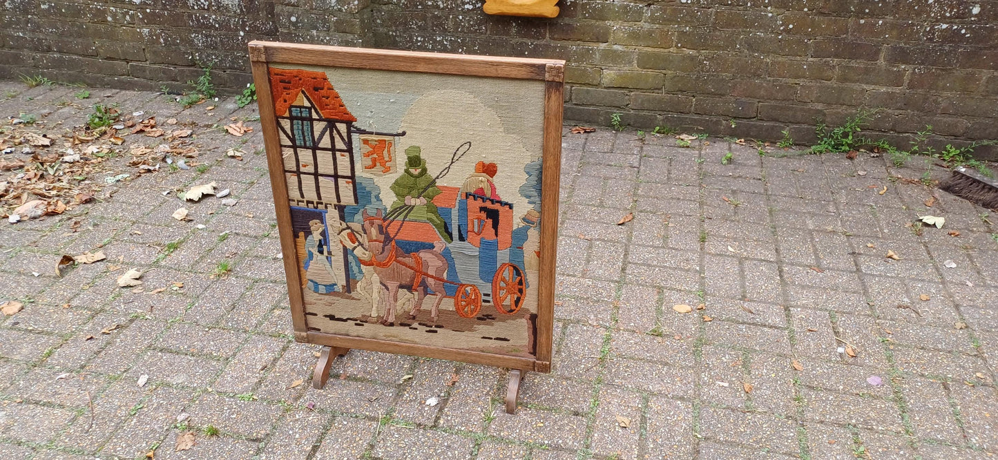 Vintage 1920s Stripped Oak Fire Screen Guard Stage Coach Charles Dickens Red Lion Pub