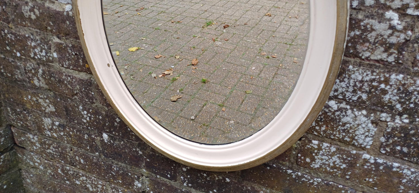 Totally Finish to This Unusual Metal Silver Chrome Brass and Painted Oval Decorative Wall Mirror with Bevelled Glass