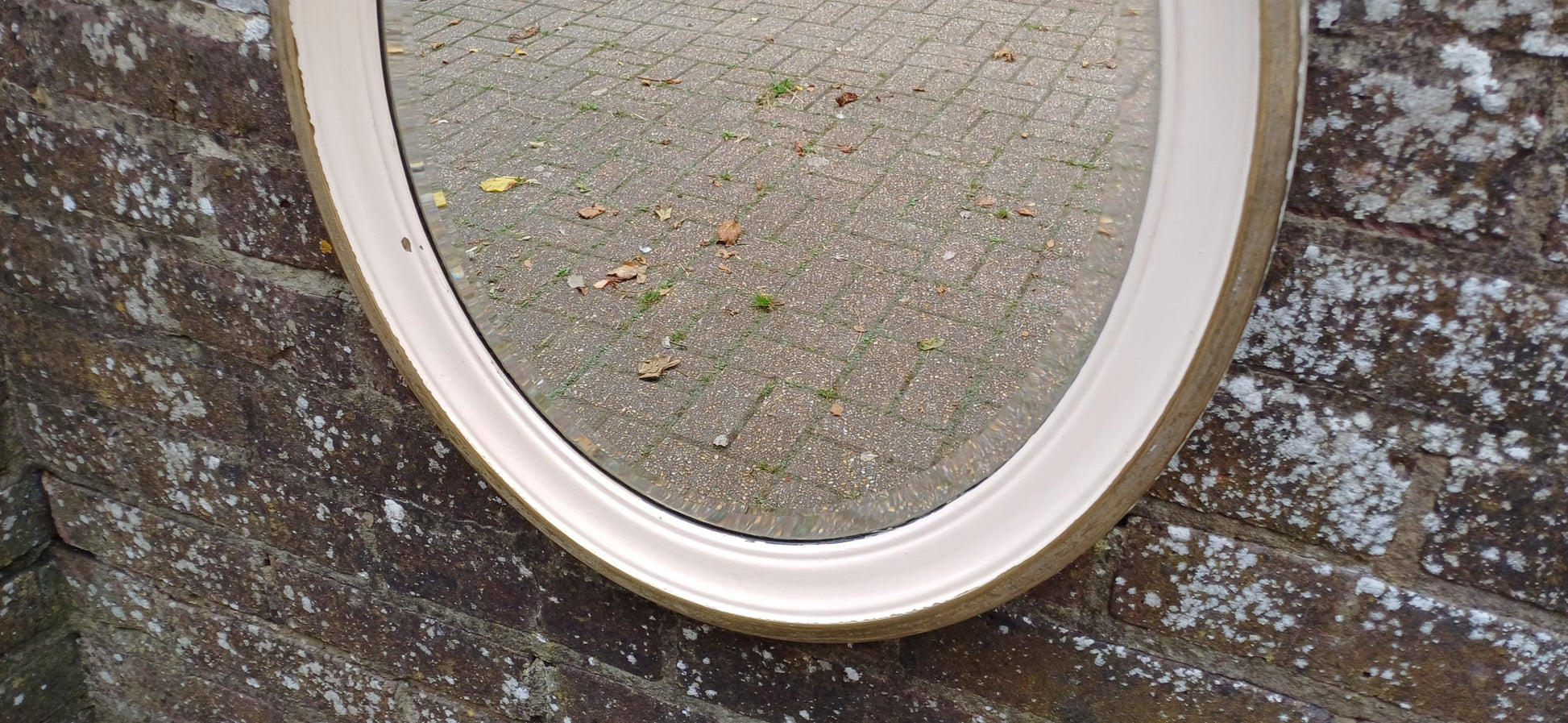 Totally Finish to This Unusual Metal Silver Chrome Brass and Painted Oval Decorative Wall Mirror with Bevelled Glass
