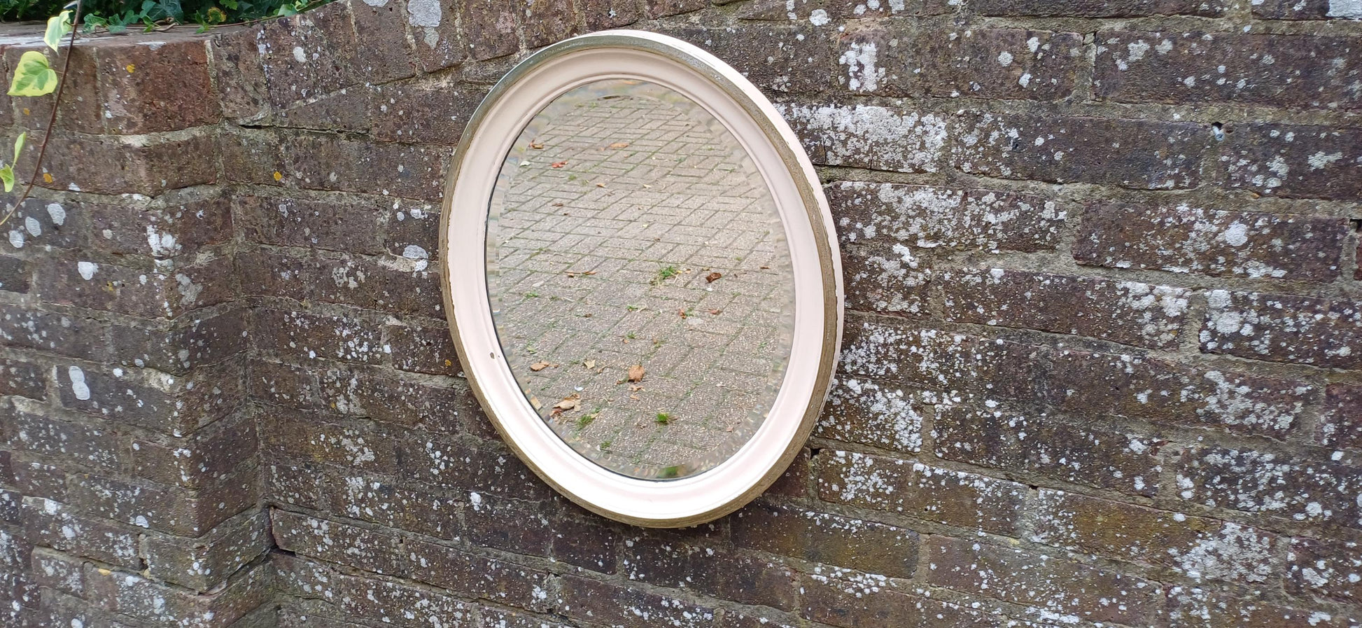 Totally Finish to This Unusual Metal Silver Chrome Brass and Painted Oval Decorative Wall Mirror with Bevelled Glass