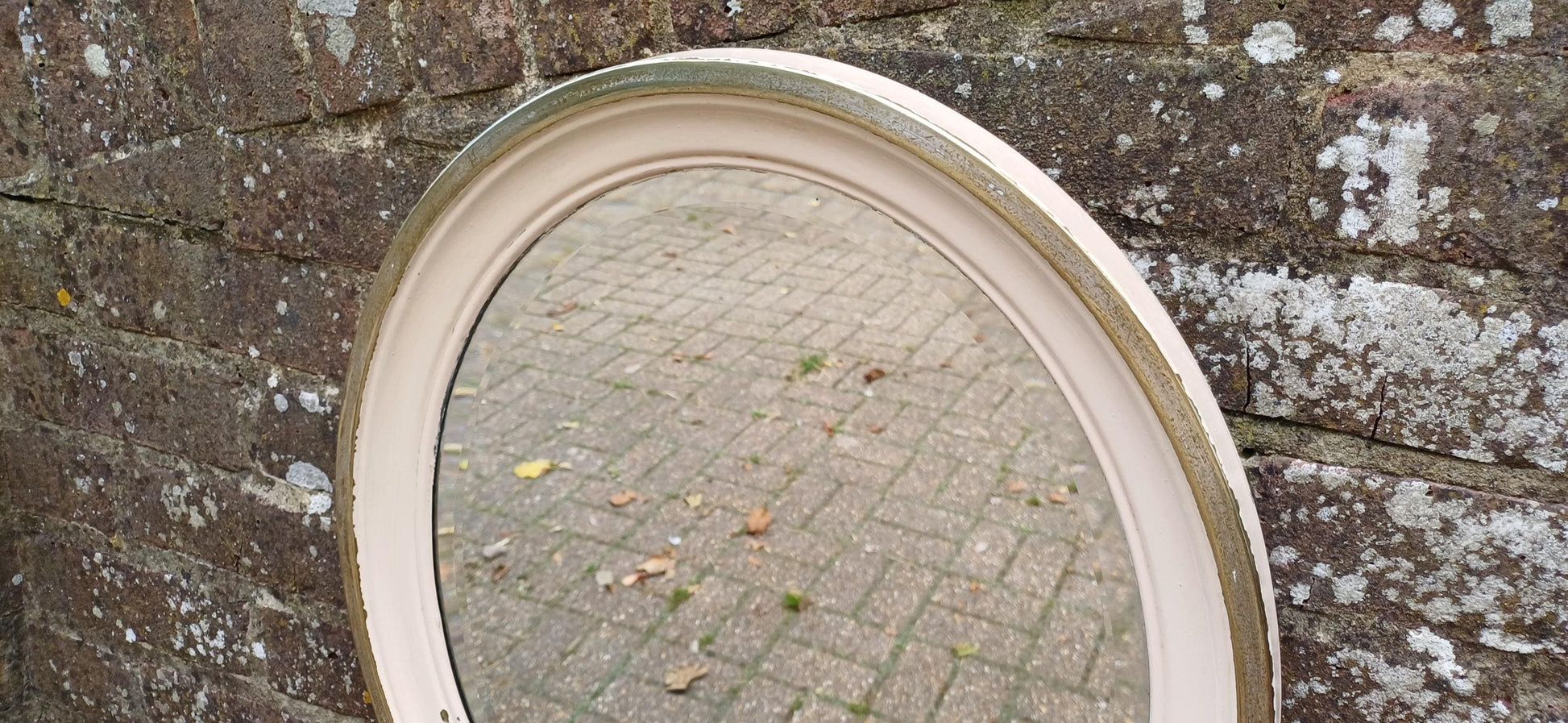 Totally Finish to This Unusual Metal Silver Chrome Brass and Painted Oval Decorative Wall Mirror with Bevelled Glass