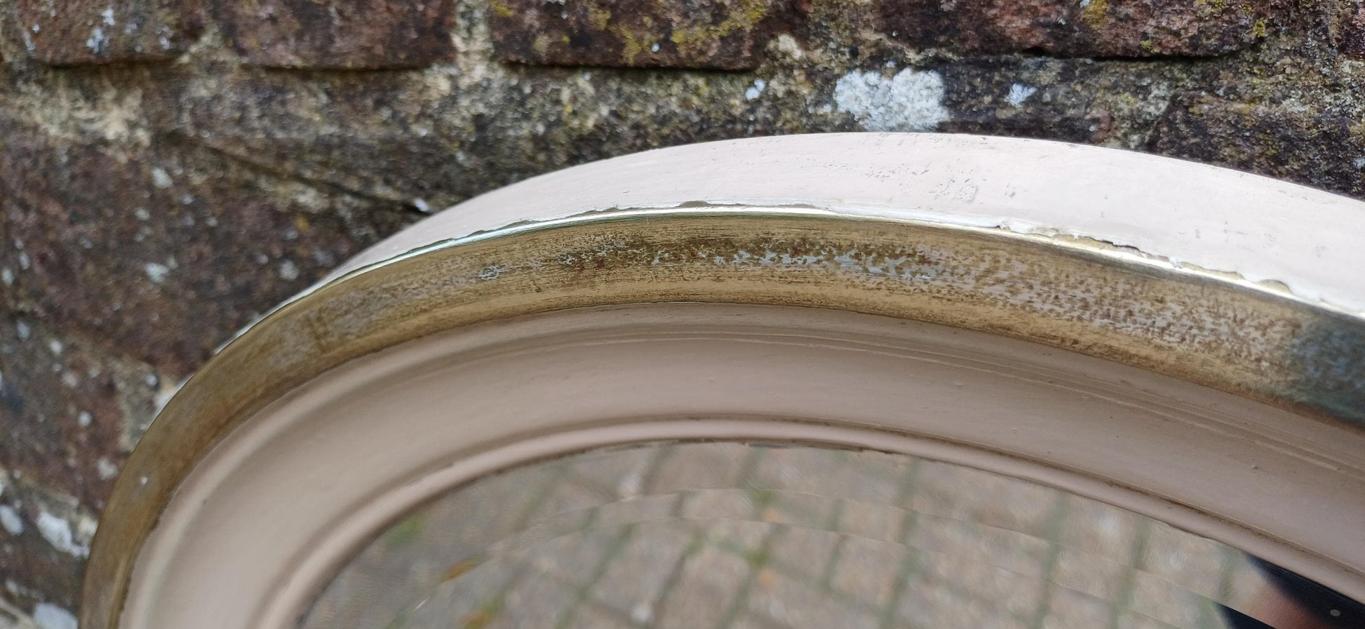 Totally Finish to This Unusual Metal Silver Chrome Brass and Painted Oval Decorative Wall Mirror with Bevelled Glass