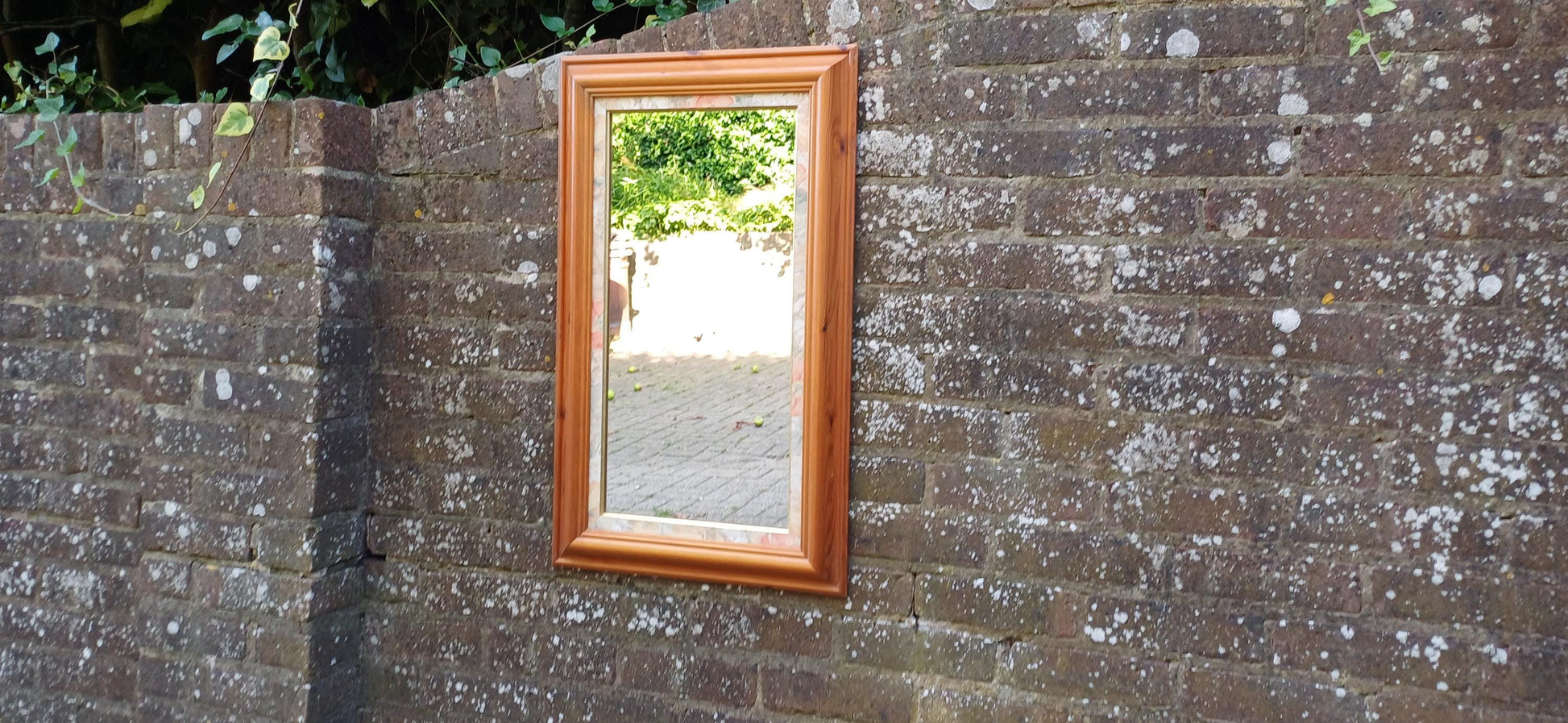 Large Classic Vintage 80s Pine Wall Mirror with Floral Flower Inset 77 x 46 cm