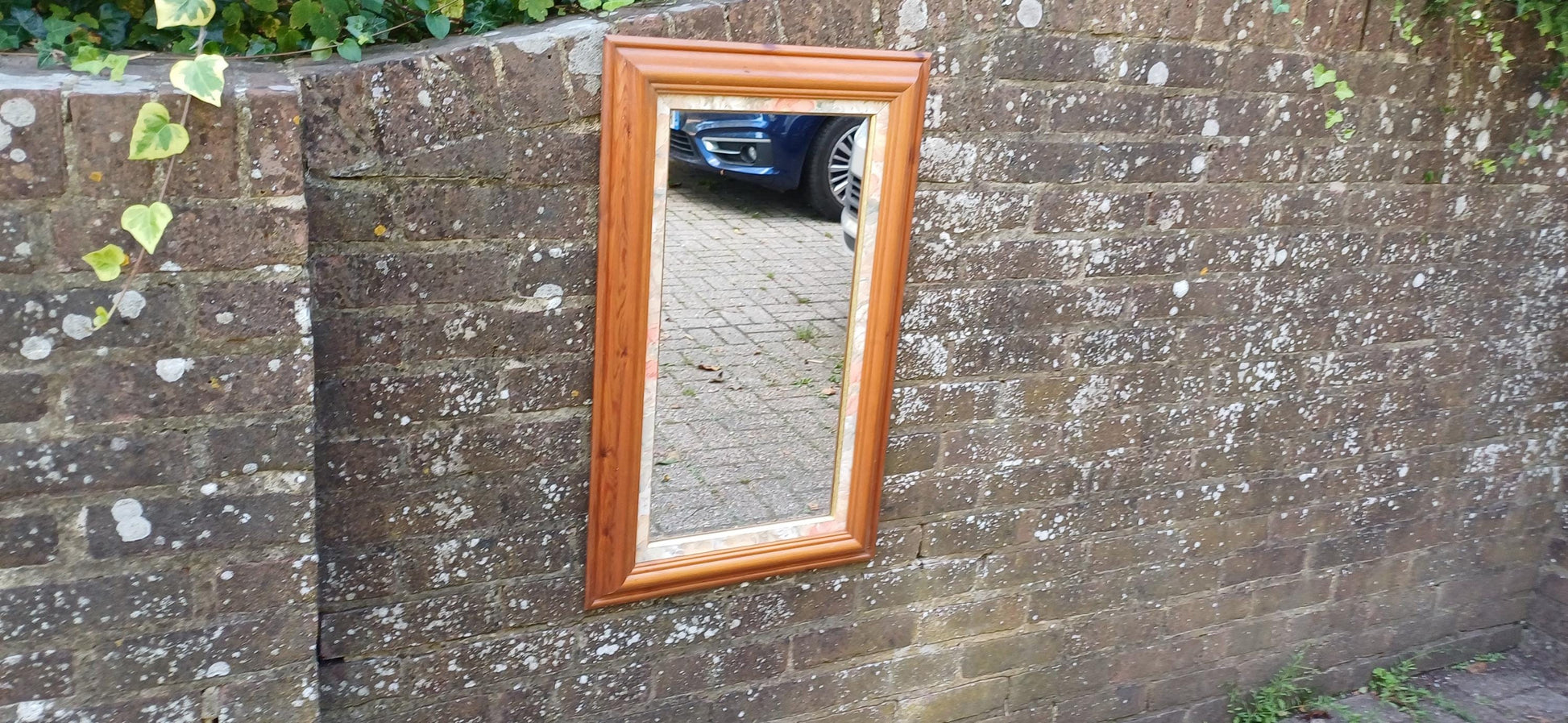 Large Classic Vintage 80s Pine Wall Mirror with Floral Flower Inset 77 x 46 cm