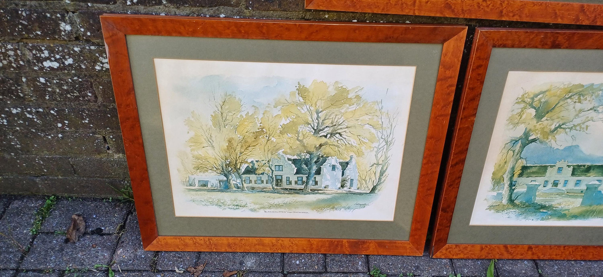 Three Huge Walnut Frames with John Cullingworth Vintage South Africa Watercolour Prints Country Houses including Mounts 67 X 58 cm