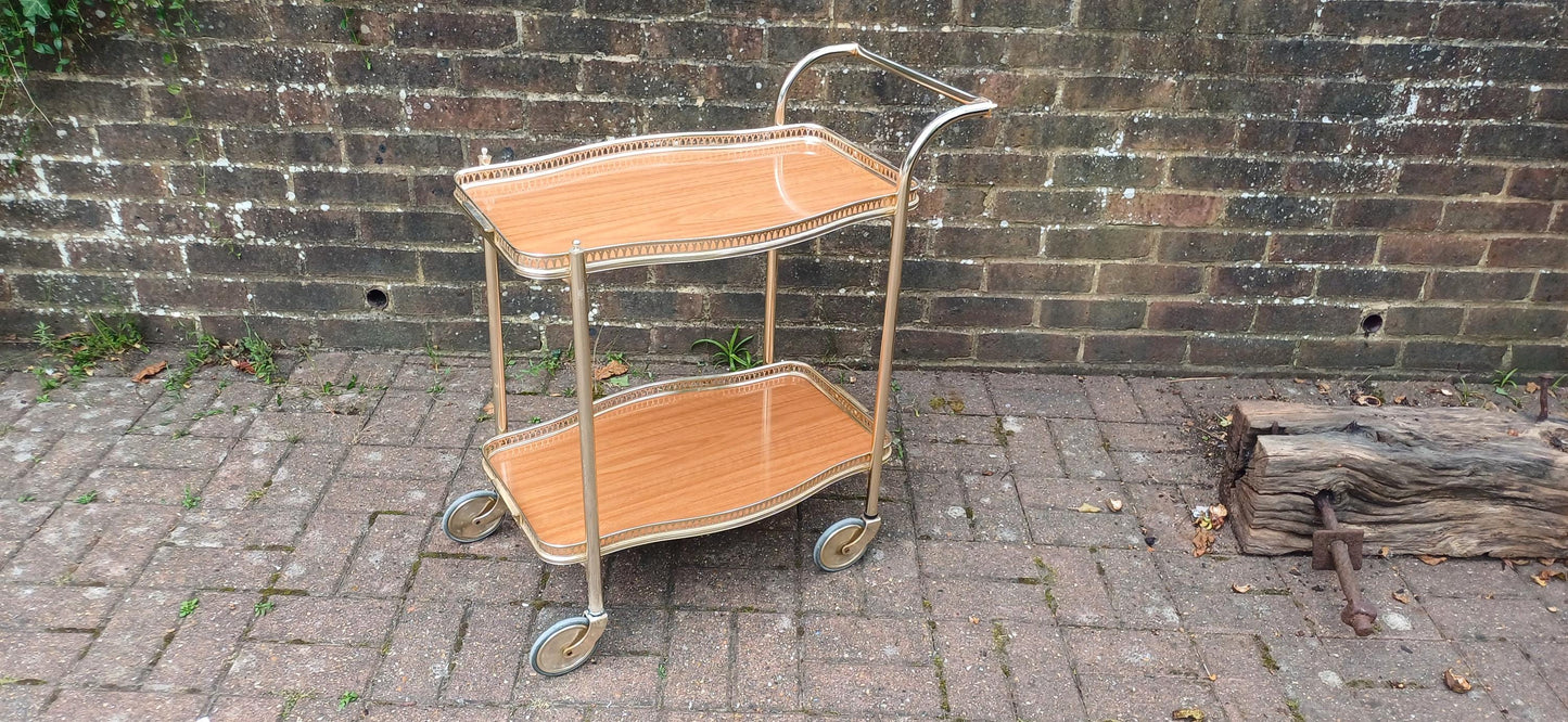 Retro Kitsch 70S Light Tubular Metal Trolley Melamine Faux Wood Surfaces VGC ‘Woodmet’