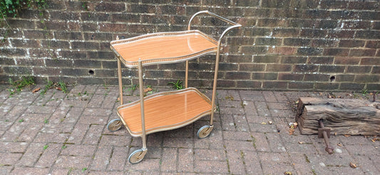 Retro Kitsch 70S Light Tubular Metal Trolley Melamine Faux Wood Surfaces VGC ‘Woodmet’