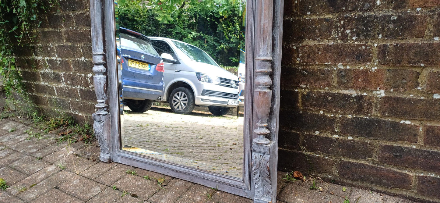 Beautifully Upcycled Massive French Carved Over Mantel Mantle Mirror Light Grey Blue