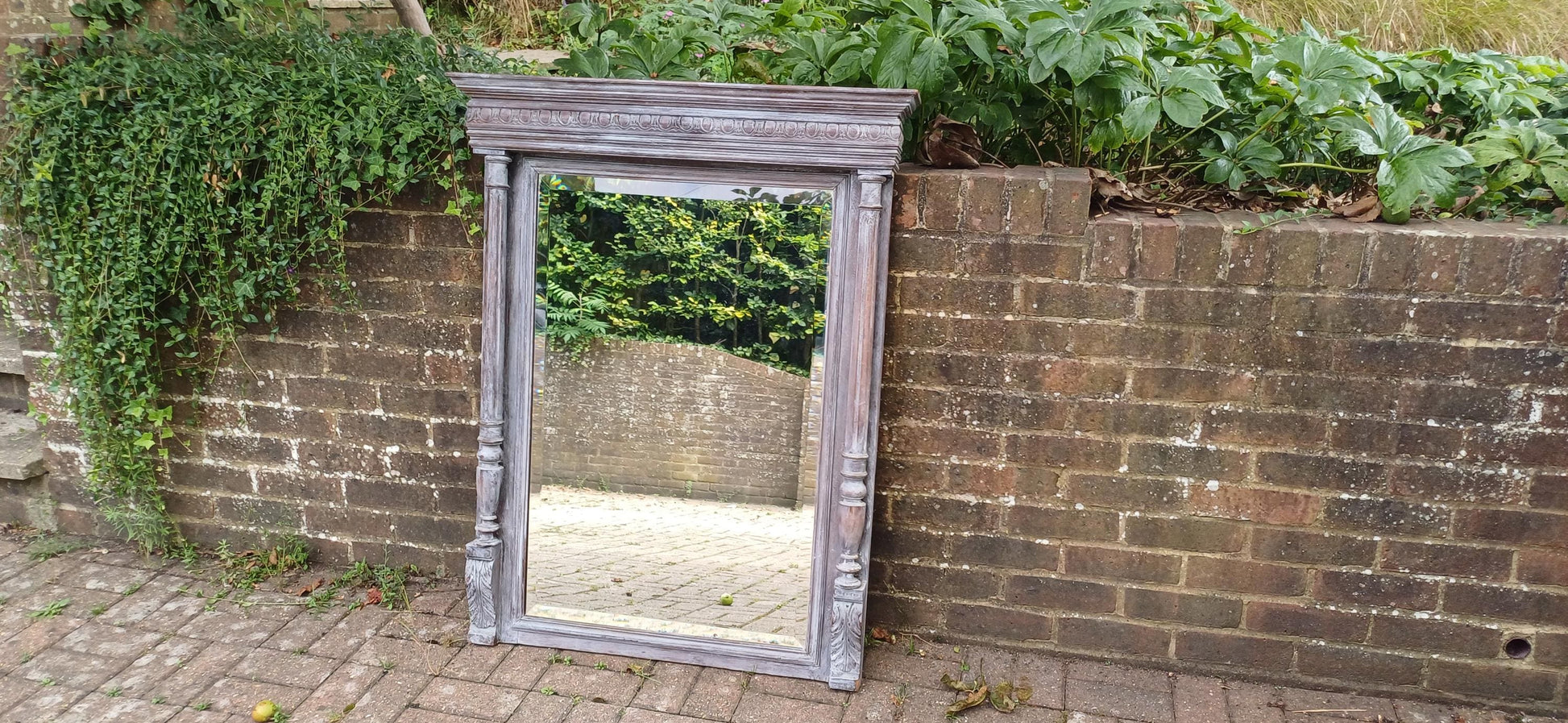Beautifully Upcycled Massive French Carved Over Mantel Mantle Mirror Light Grey Blue